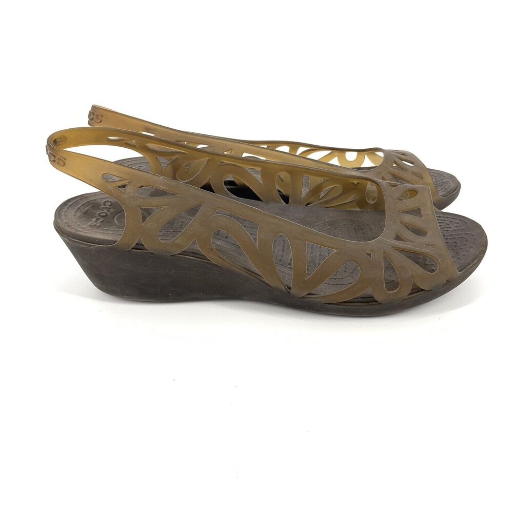 CROCS Tan Brown Cutout Wedge Slingback Sandals